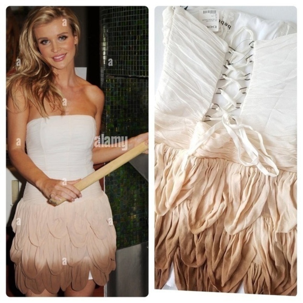 BEBE Vintage 2012 aso celebrities Cream Tan Ombre Ruffle Corset Mini Dress